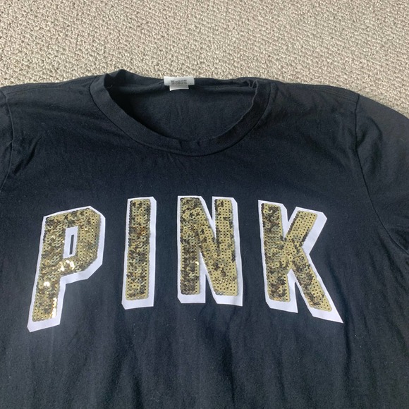 PINK Victoria's Secret Womens T Shirt Size XS Black/Gold Sequins Short Sleeves - Picture 2 of 10
